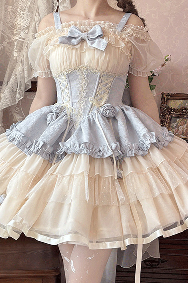Triple-Layered Ballet Bow Lace-Up Sweet JSK Dress in Blue Ivory