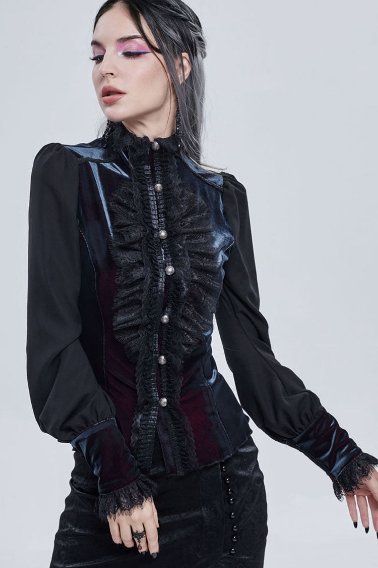 Gothic Turtleneck Shirt with Lantern Sleeves, Velvet Lace-Up, 3D Lace
