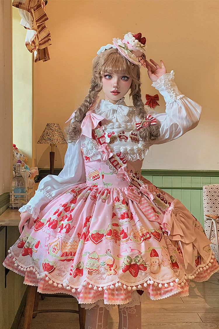 Mint Strawberry Dessert Printed Natural Waist Sweet Lolita JSK Dress - Ruffled