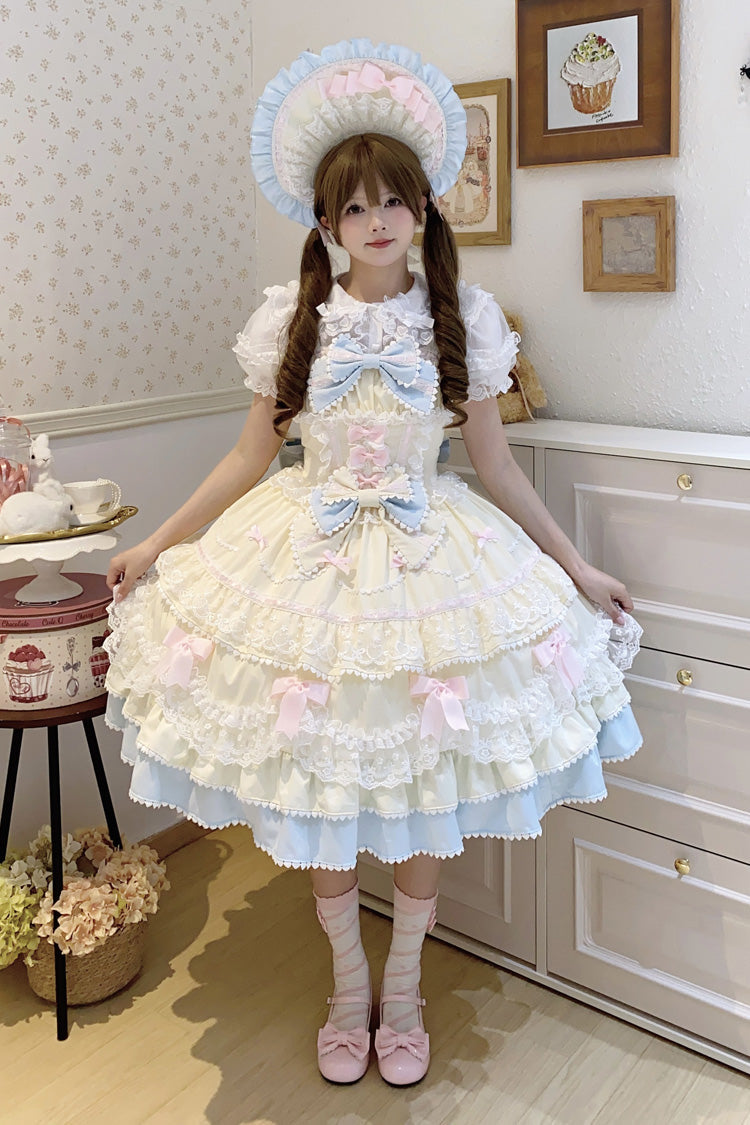 Yellow Blue Fondant Cake Sleeveless Layered Ruffle Bow Lace Sweet Jsk Dress