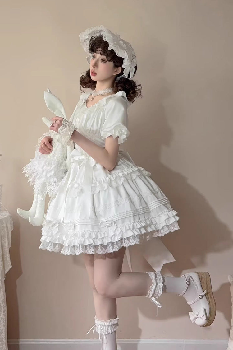 Ivory Layered Frosting Ruffle Bow Lace Sweet Dress