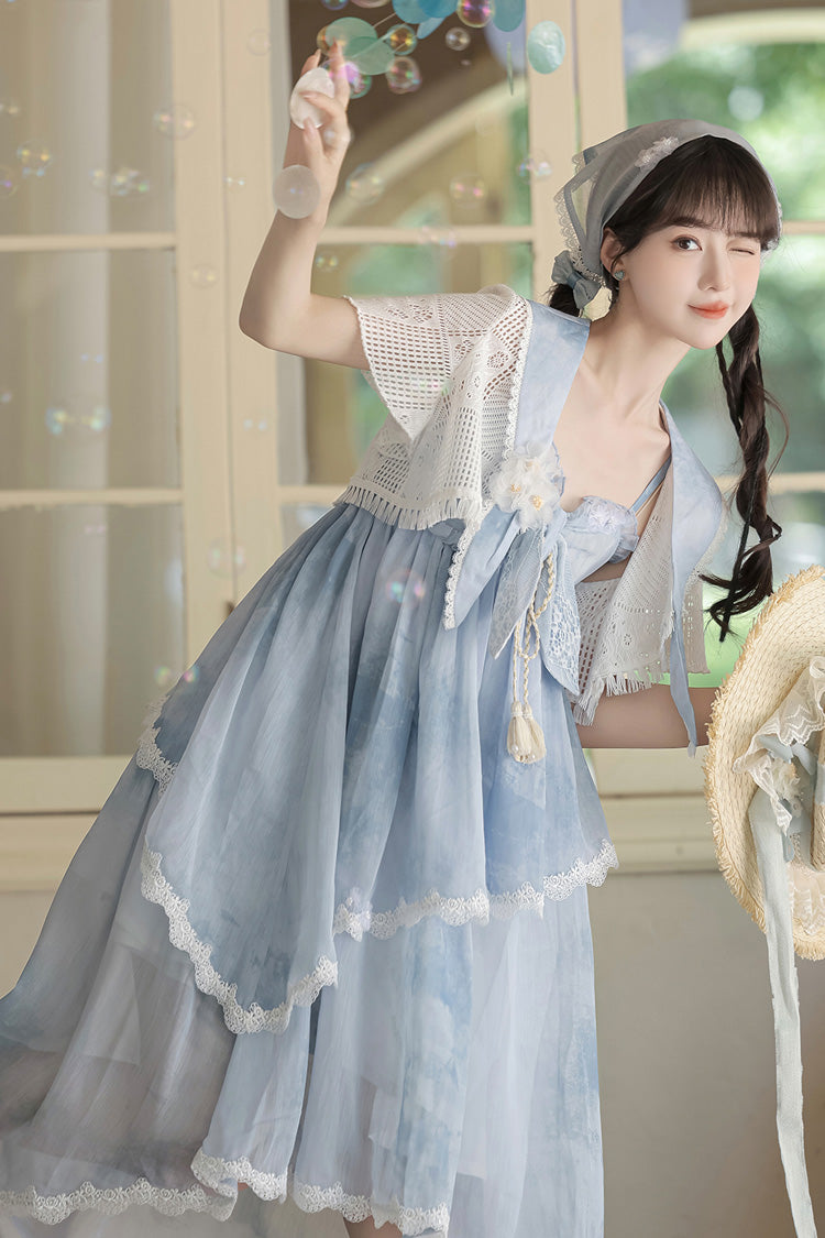 Print Ruffle Embroidery Bow Lace Irregular Lolita Jumper Dress - Blue