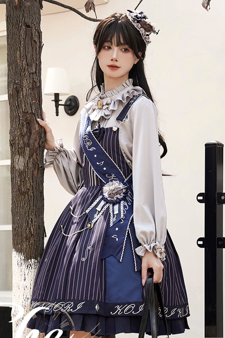 Sweet College Lolita Strap Dress Violin Embroidery Bowknot Ruffled - Two Colors