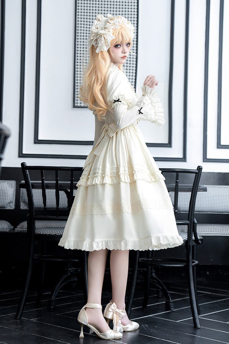 Cream Birch Appointment Stand Collar Long Puff Sleeve Frilled Bow Sweet Lolita Dress