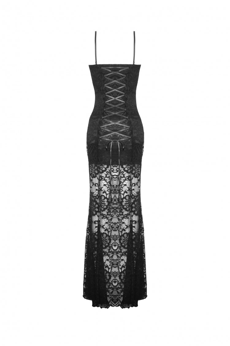 Sleeveless Side Slit Ruffled Lace Lace-Up Gothic Maxi Slip Wedding Dress