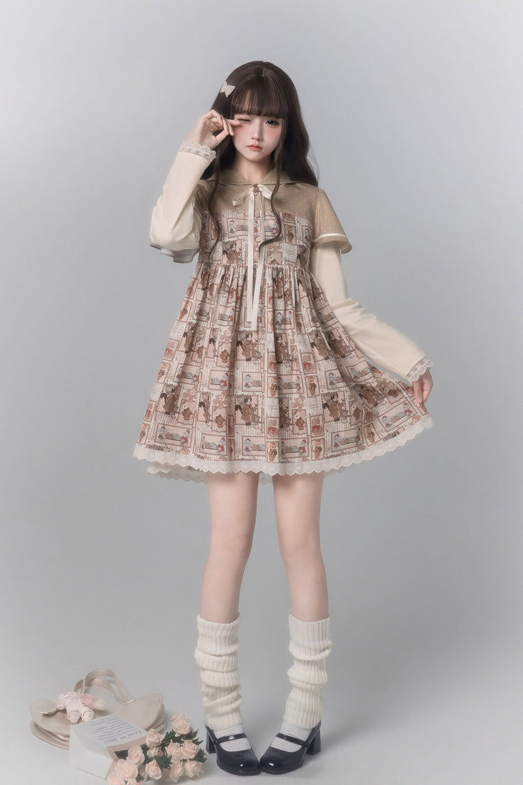 Bear Stamp Long Sleeve Printed Hooded Sweet Dress