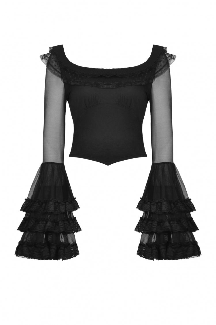 Gothic Women's Top with Trumpet Sleeves and Ruffles, Black