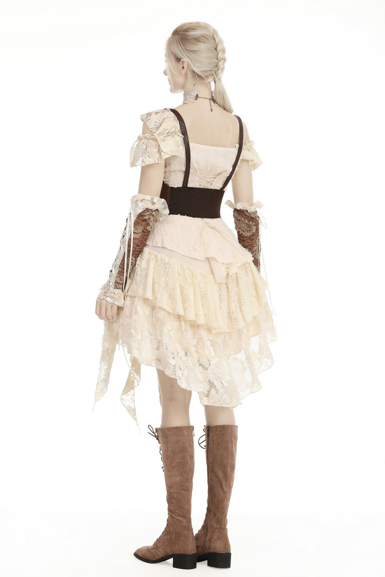 Beige Irregular Multi-Layer Ruffled Lace Steampunk Vintage Dress