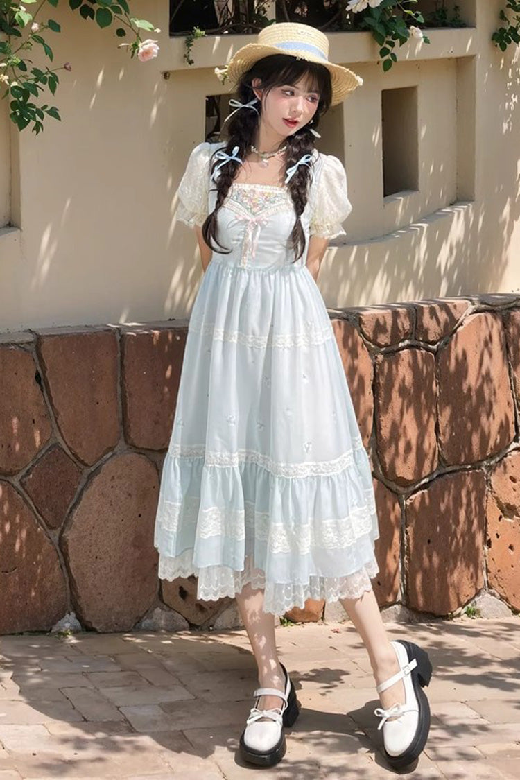 Azure Embroidered Sweet Princess Dress with Lace and Bows