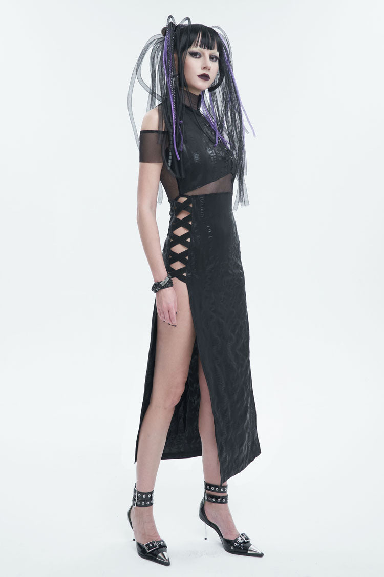 Knit Paneled Mesh Side Slit Punk Dress for Women