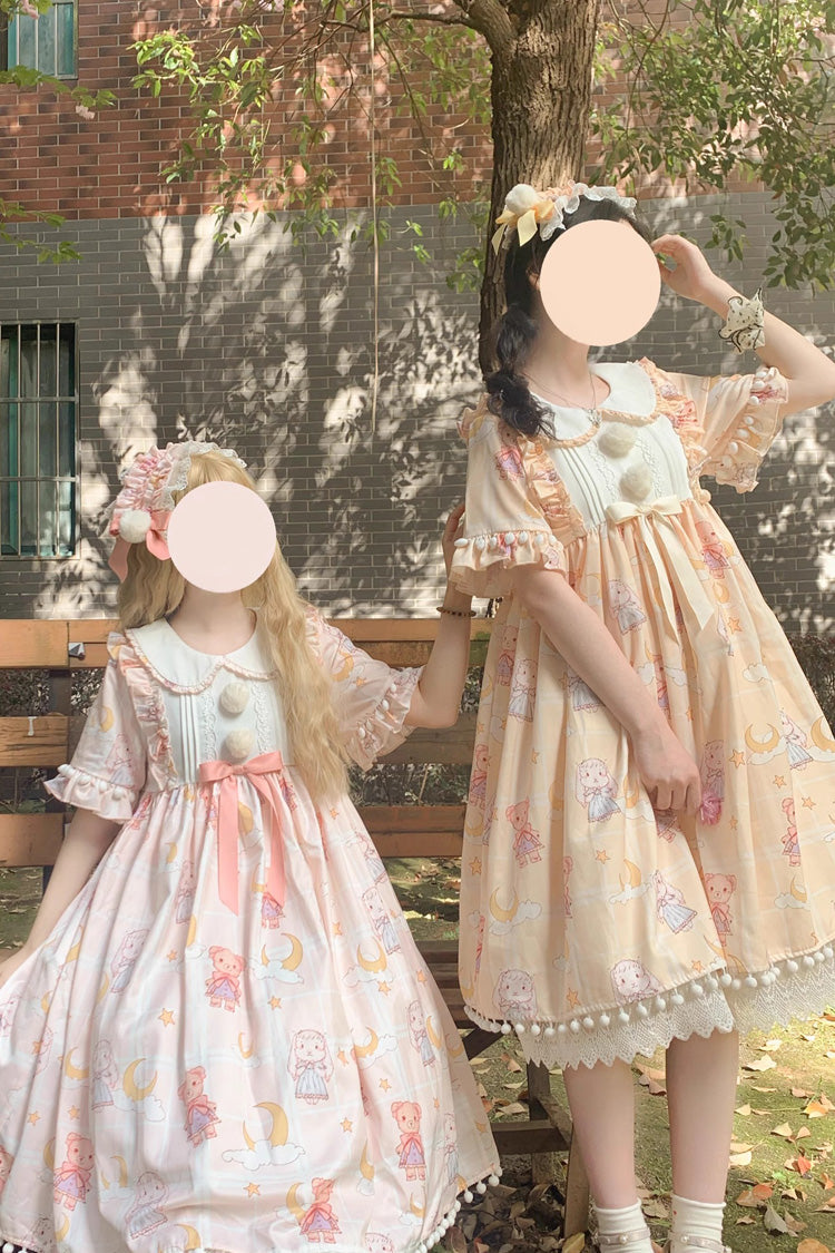 Yellow Doll Collar Short Sleeves Bunny Bear Moon Print Bowknot Stitching Sweet Lolita Dress