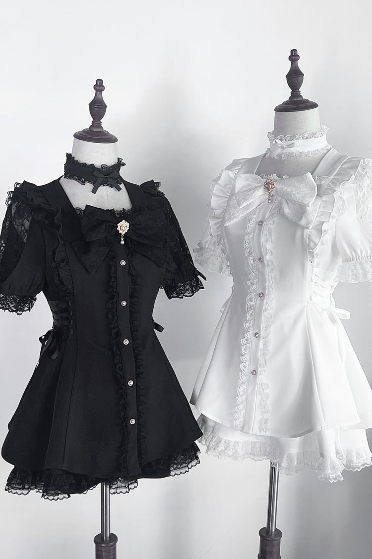 Ivory Ruffle Bowknot Jirai Kei Dress Set with Short Sleeves - Waltz