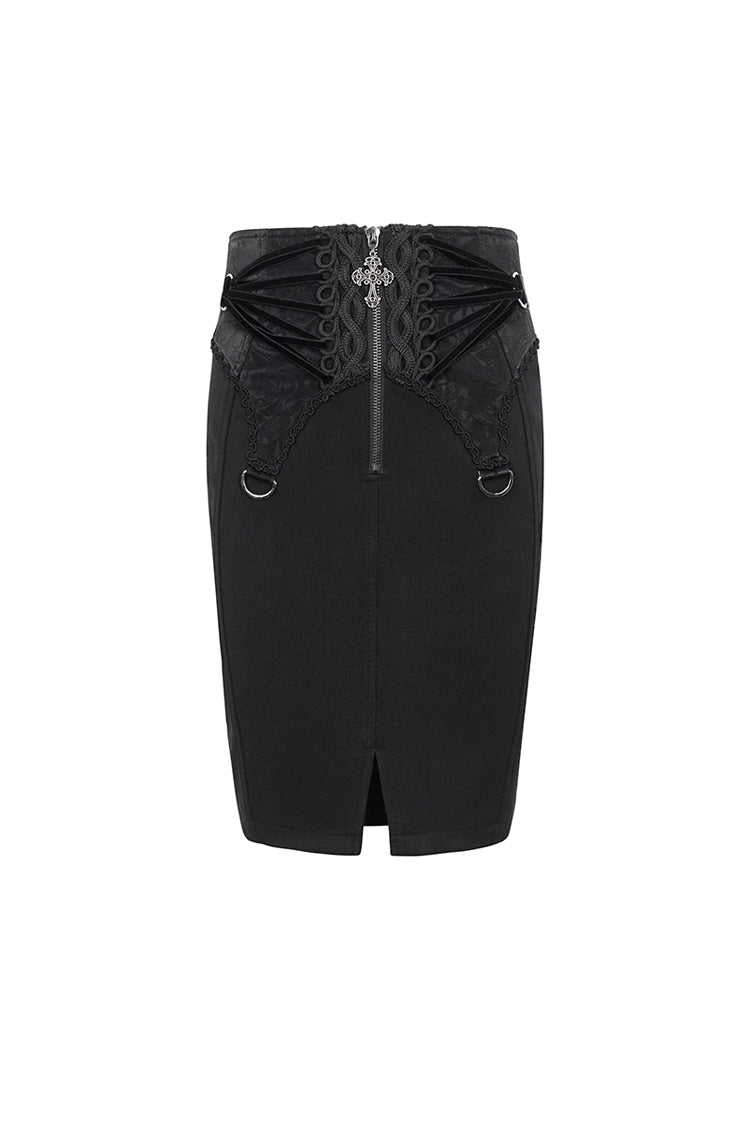 Floral Embroidered Gothic Split Skirt for Women with Lace-Up