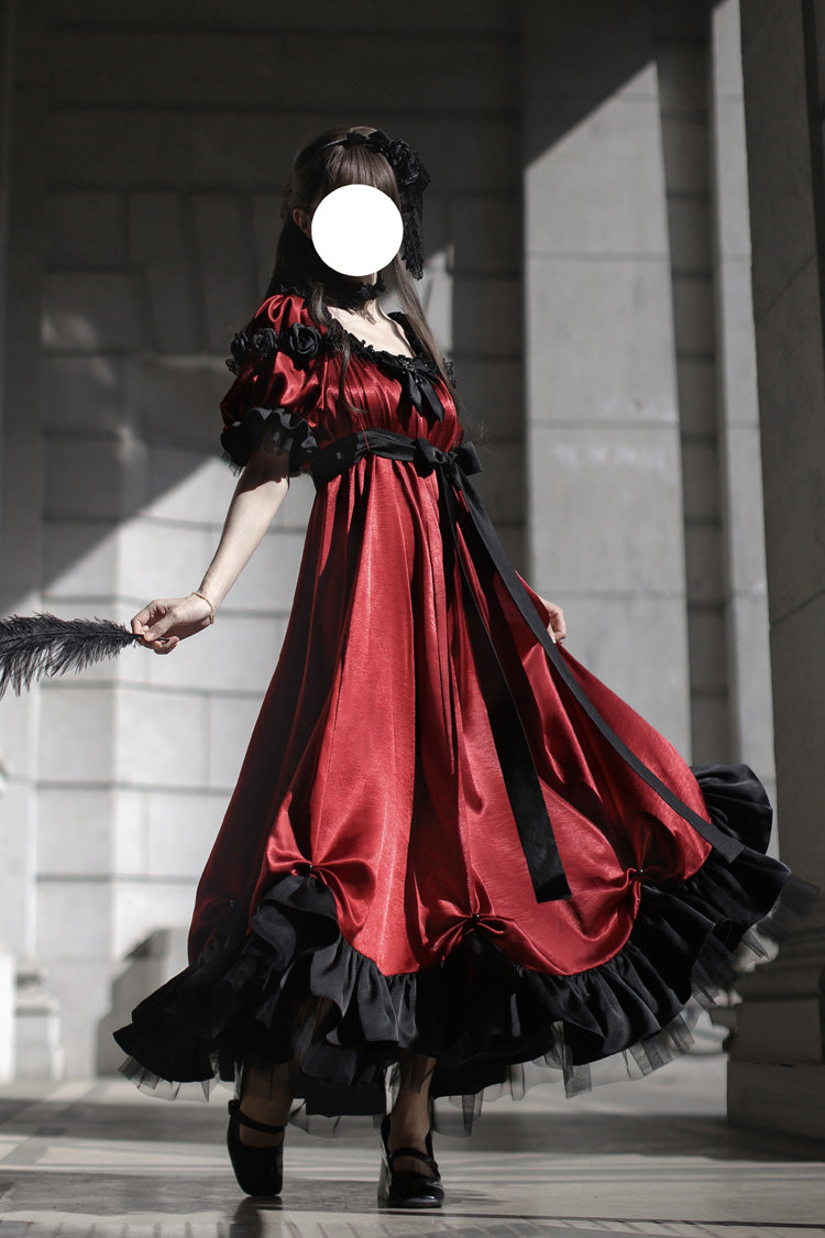 Red Square Collar Short Sleeves Ruffle Bowknot Sweet Regency-Style Vintage Lolita Dress