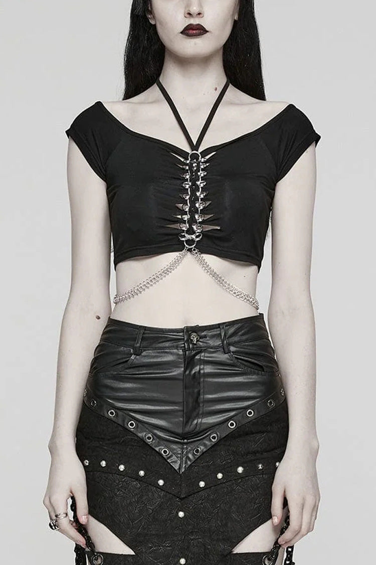 Halterneck Steampunk Tee with Metal Chain Accents for Women
