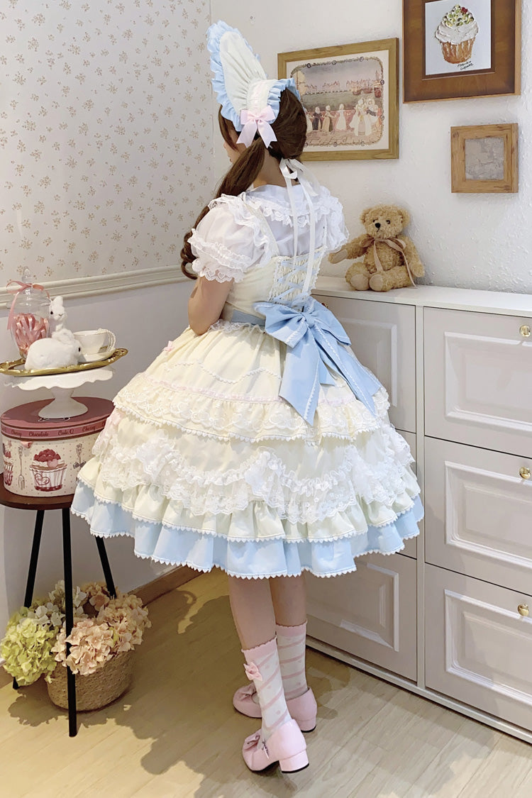 Yellow Blue Fondant Cake Sleeveless Layered Ruffle Bow Lace Sweet Jsk Dress