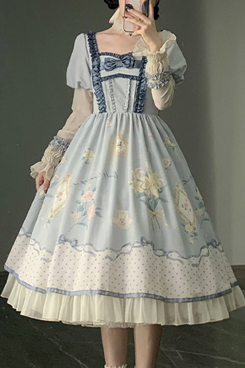 Azure Floral-Print Long-Sleeve Sweet OP with Square Collar