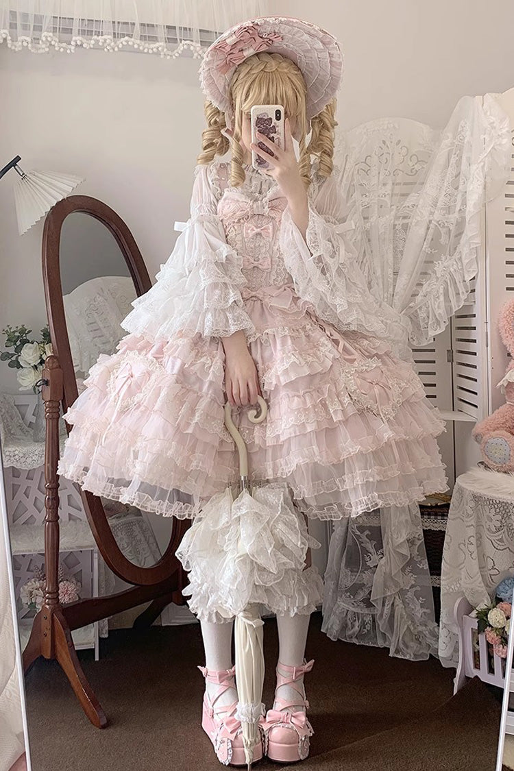 Pink Multi-Layered Ruffled Hanayome Embroidered Bow Lace Sweet JSK - Sweetheart Diary
