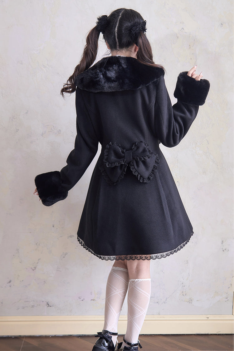 Plush Collar Waist-Cinched Long Sleeve Bow Lace Coat - Lolita Outerwear