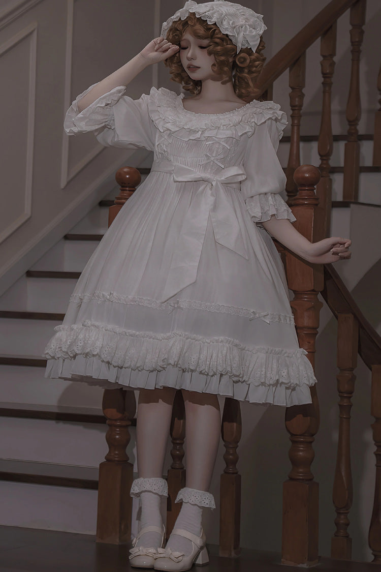 Ivory Short Sleeve Ruffle Bow Lace-Up Gothic Dress