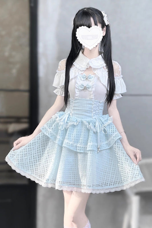 White/Blue Short Sleeve Double-Layered Ruffle Hollow Bow Lace-Up Jirai Kei Skirt Set
