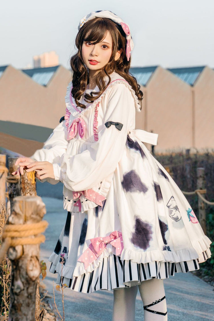 Cow Print Sweet Lolita OP Dress with Stitching and Bow Accents