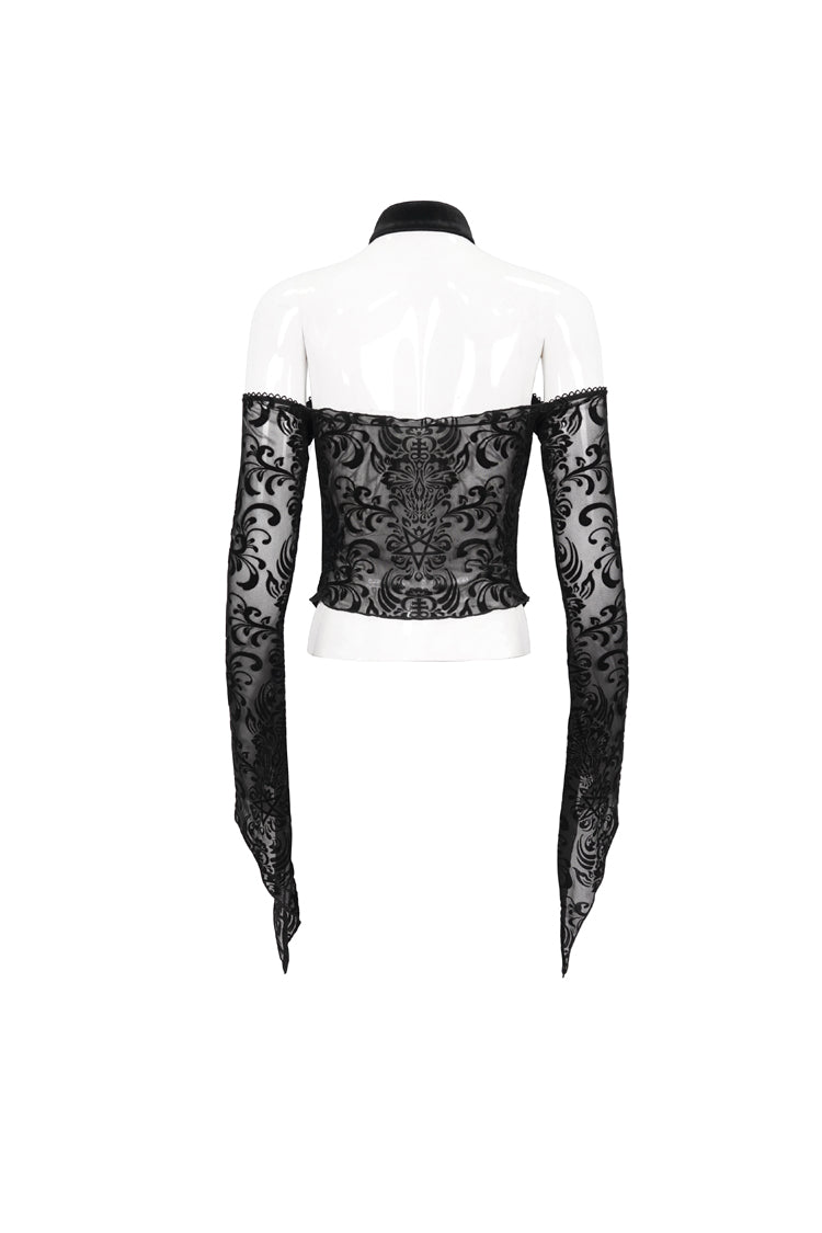Dark Symbol Flocked Rose Button Off-Shoulder Gothic Top
