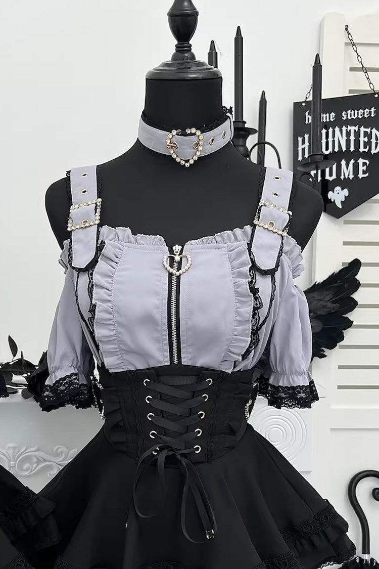 Stand Collar Sleeveless Ruffled Lace-Up Skirt and Blouse Set