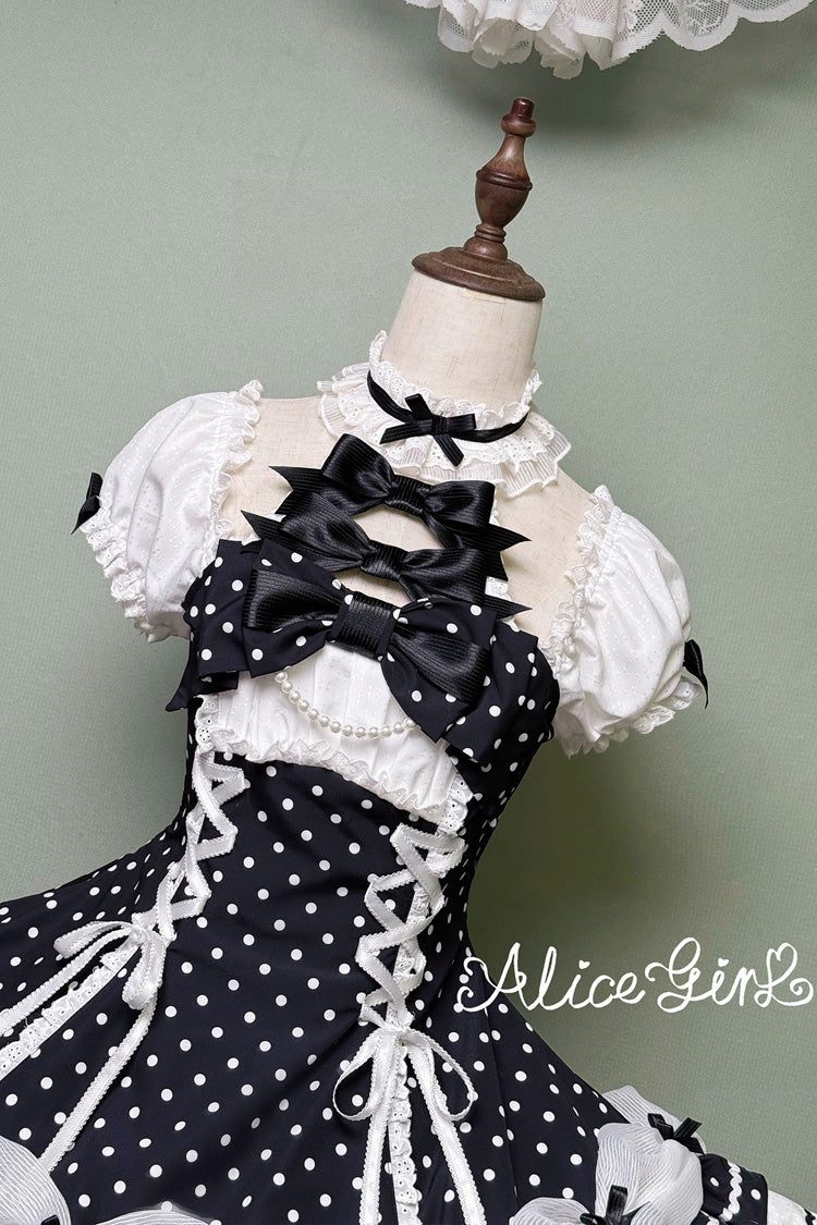 Black/White Halterneck Short Sleeve Triple-Layered Polka Dot Bow Lace-Up Sweet Dress