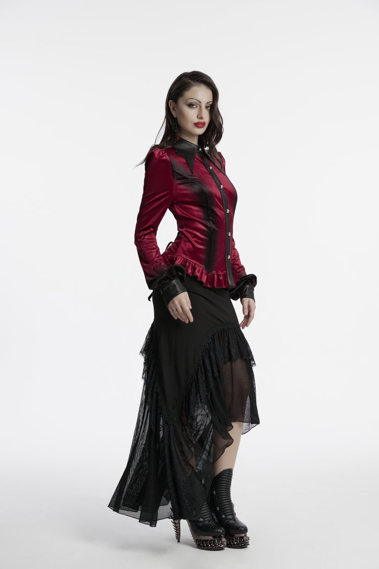 Crimson Lapel Lace-Up Slim Gothic Gradient Velvet Blouse