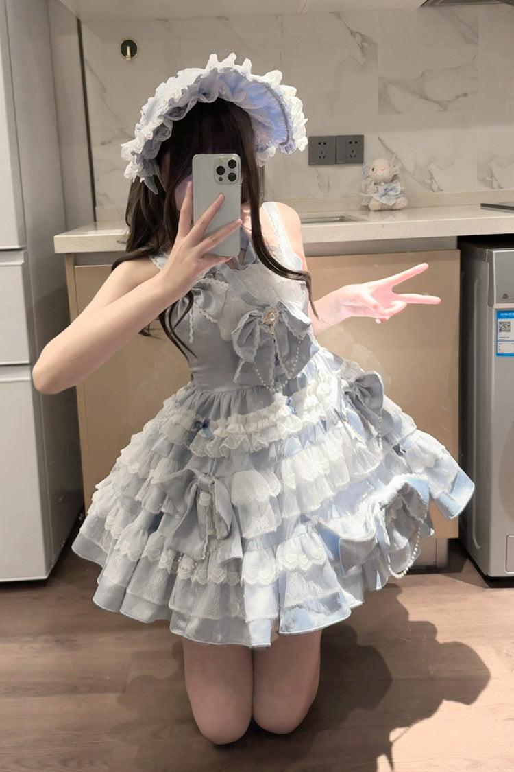 Blue Sweet Gorgeous Lolita JSK Dress with Multi-Layered Ruffle and Bowknot