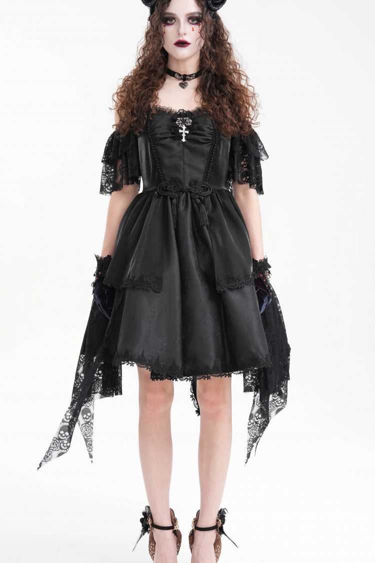 Delicate Black Lace Lace-Up Irregular Hem Halter Gothic Dress