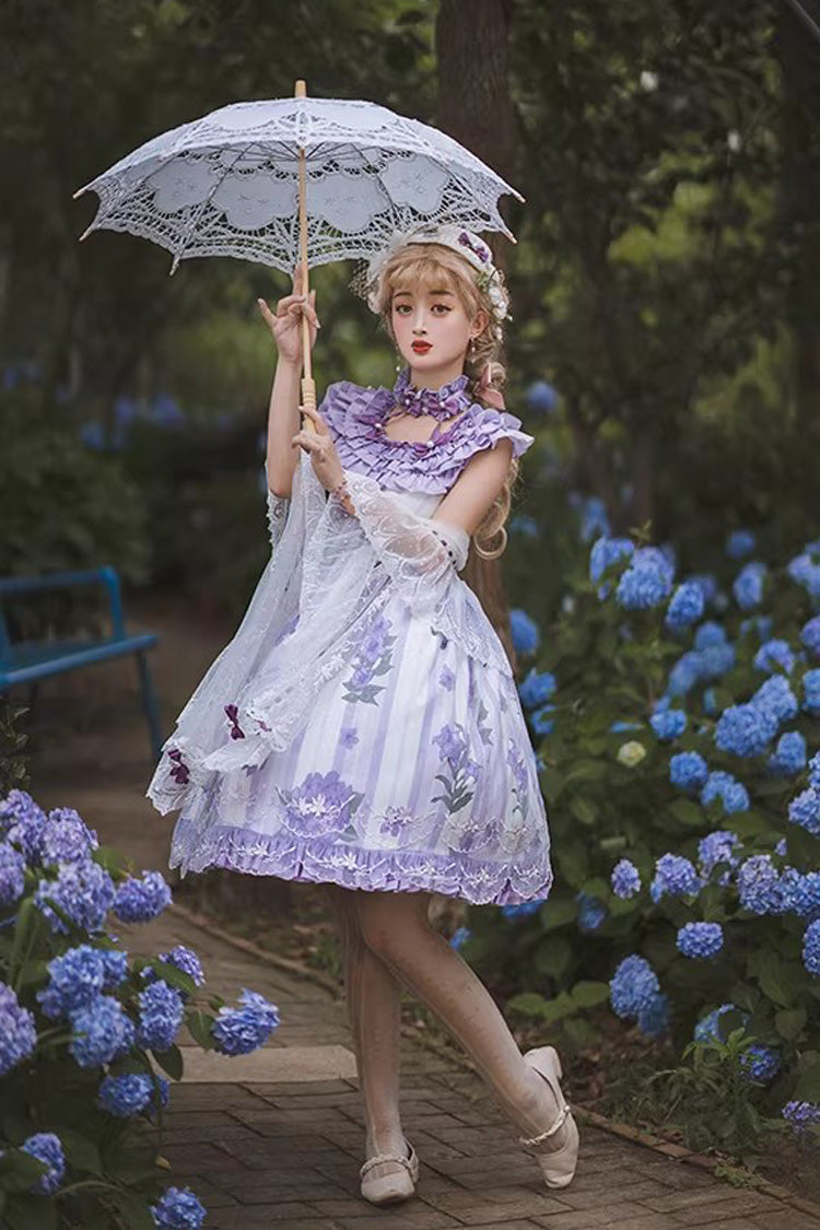 Endless Summer Violet Round Collar Hime Sleeves Printed Ruffled Bow Lace Lolita Dress - Endless Summer