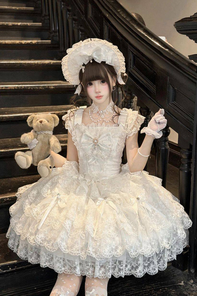 Ivory Square Collar Sleeveless Multi Bow Lace Pearl Gothic JSK