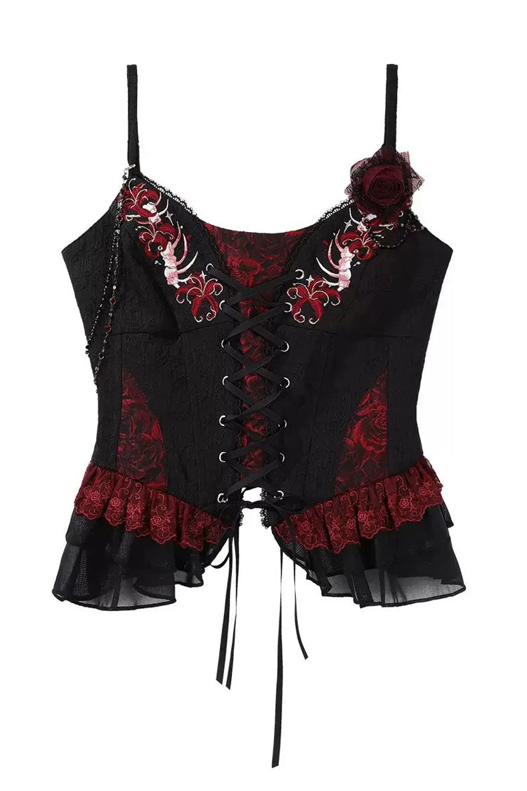 Black/Red Embroidered Lace-Up Gothic Skirt Set with Ruffles