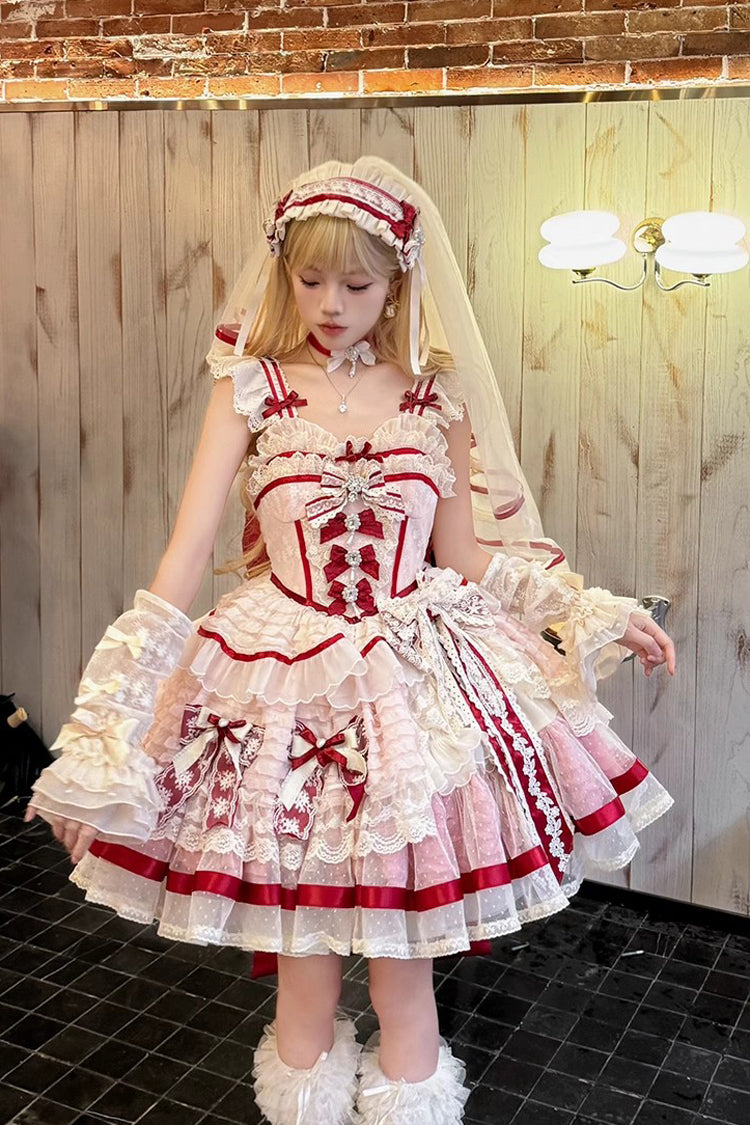 Moonstone Sleeveless Ruffle Embroidery Bow Lace Fishbone Princess Dress in Pink