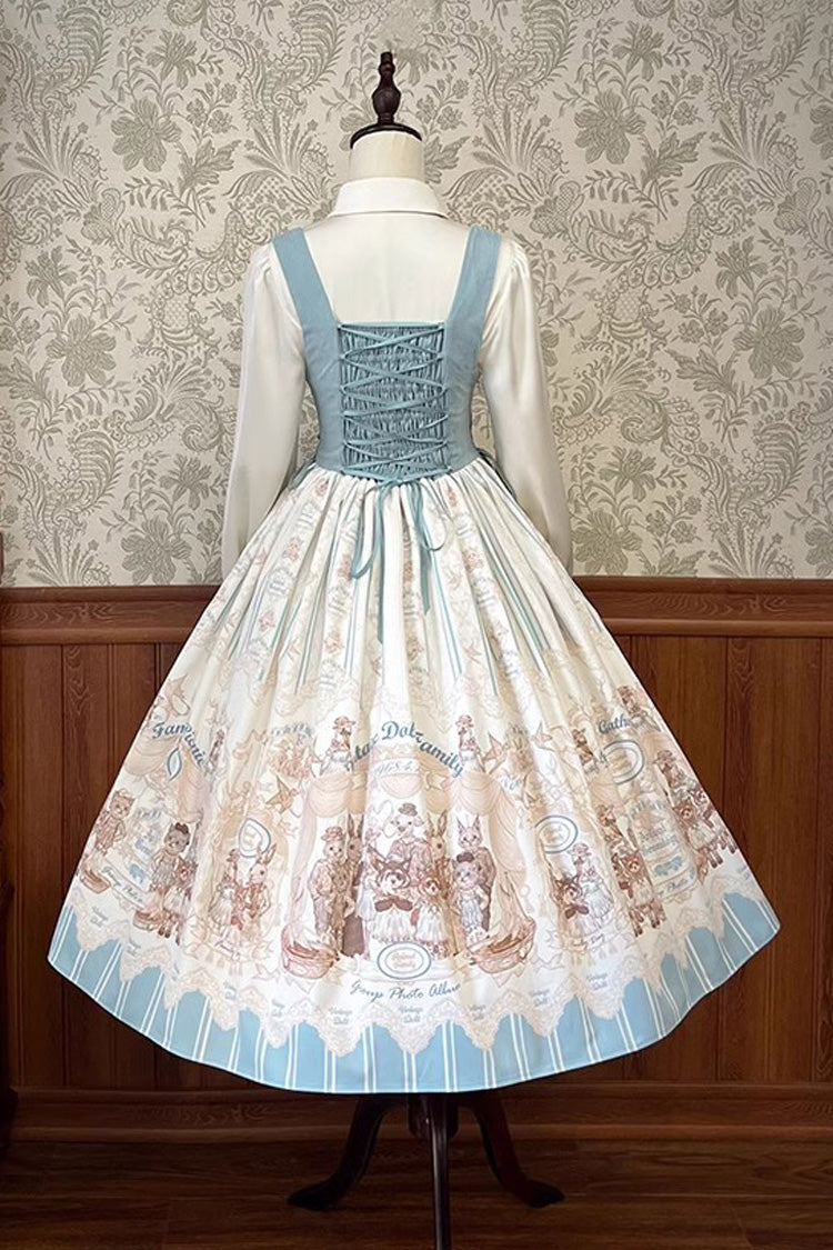 Dollhouse Print Long JSK Dress with Embroidery and Ruffles