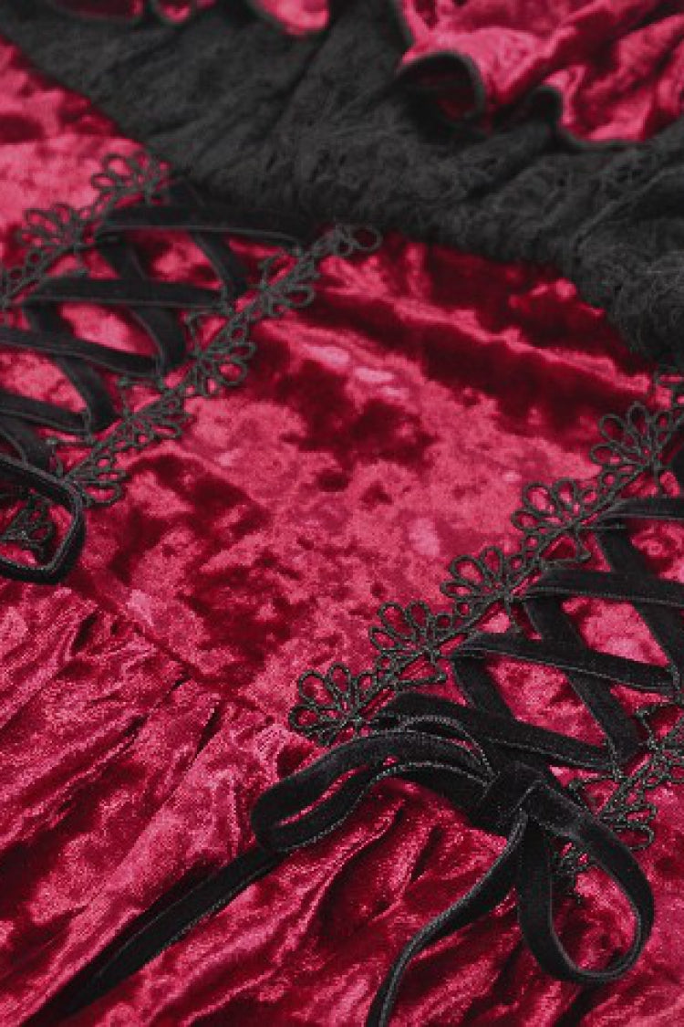Wine Red Corset Lace-Up Velvet Irregular Tail Lolita Gothic Mini Dress