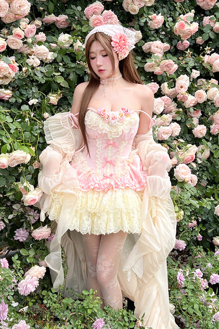 Pink Multi-Layered Ruffled Embroidered Bow Lace Sweet Lolita JSK Dress
