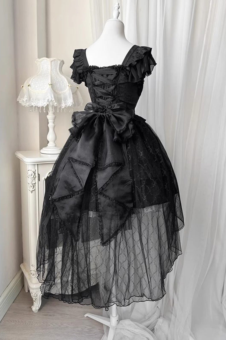Black Short Sleeved Ruffled Rose Gothic Tiered Dress with Bow