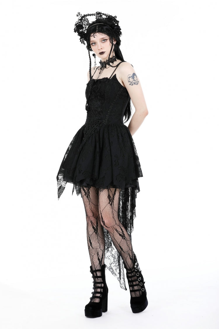 Sleeveless Rose Lace Lace-Up Gothic High Low Dovetail Slip Wedding Dress
