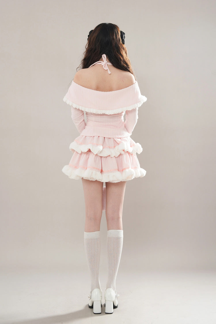 Pink Long Sleeve Ruffle Bow Lace Sweet Princess Tiered Skirt Set
