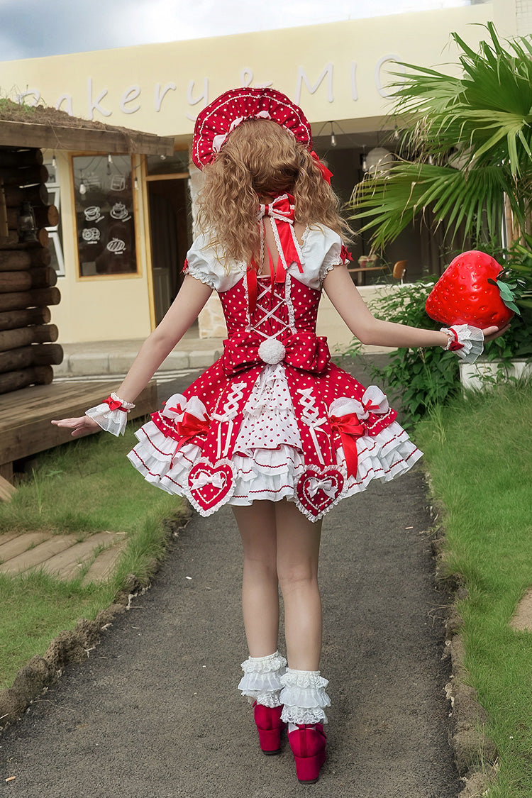 Wine Red Halterneck Short Sleeve Triple-Layered Polka Dot Bow Lace-Up Sweet Dress
