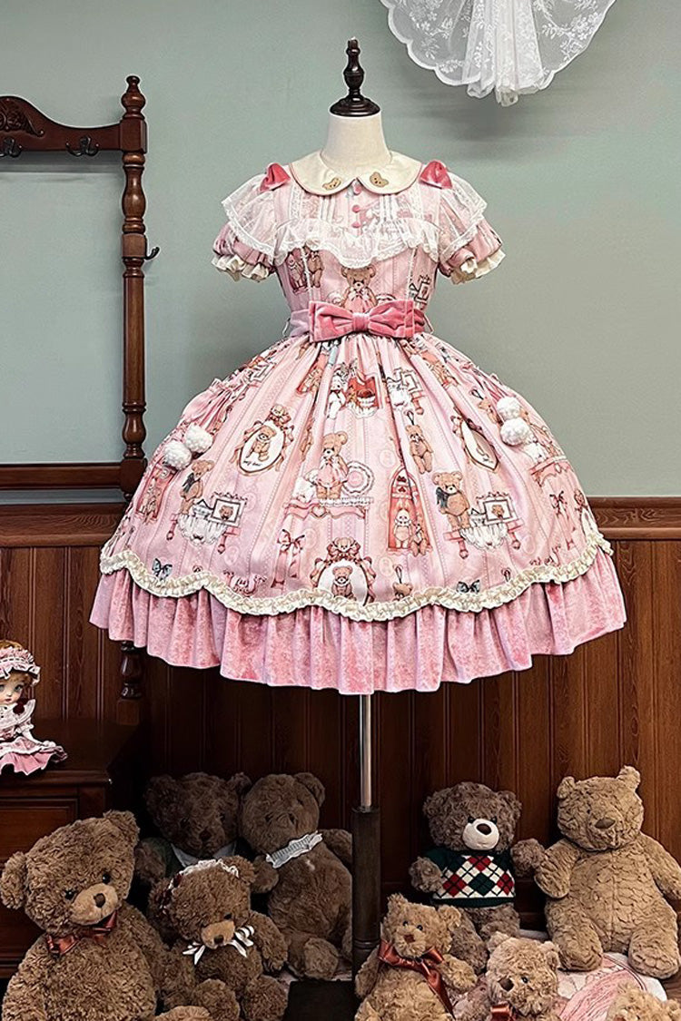 Bear Print Short-Sleeve Ruffled Bow Dress