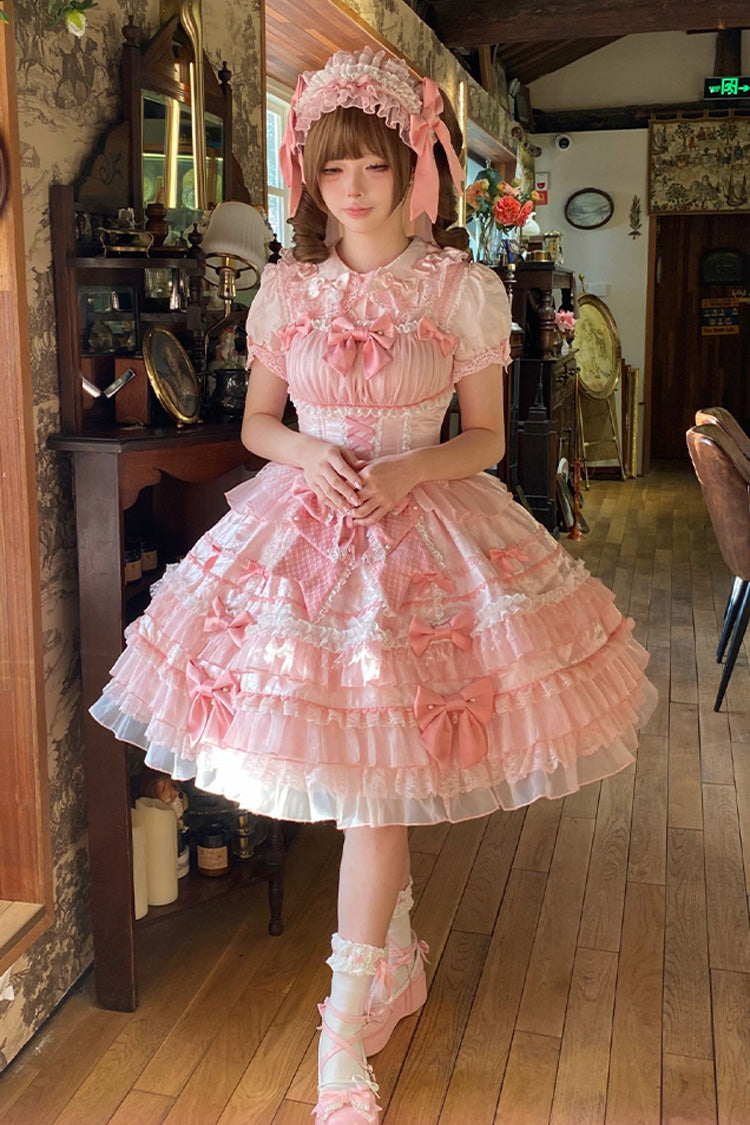 Pink Multi-Layered Ruffled Bow Lace Sweet Gorgeous JSK - Little Lovetine
