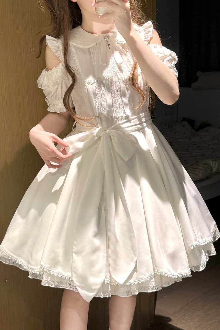 Ivory Oath Lapel Off-Shoulder Short Sleeve Bow Gothic Dress