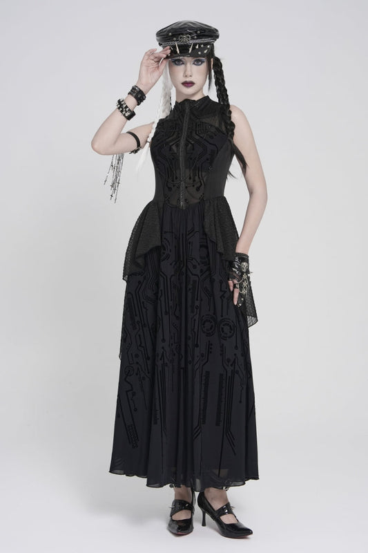 Stand Collar Sleeveless Multi-Layered Printed Sheer Punk Elegant Gorgeous Dress