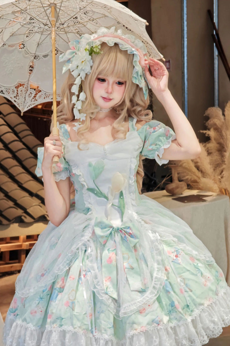 Green Off-Shoulder Print Ruffled Bow Lace Sweet Elegant Dress - Tulip's Letter