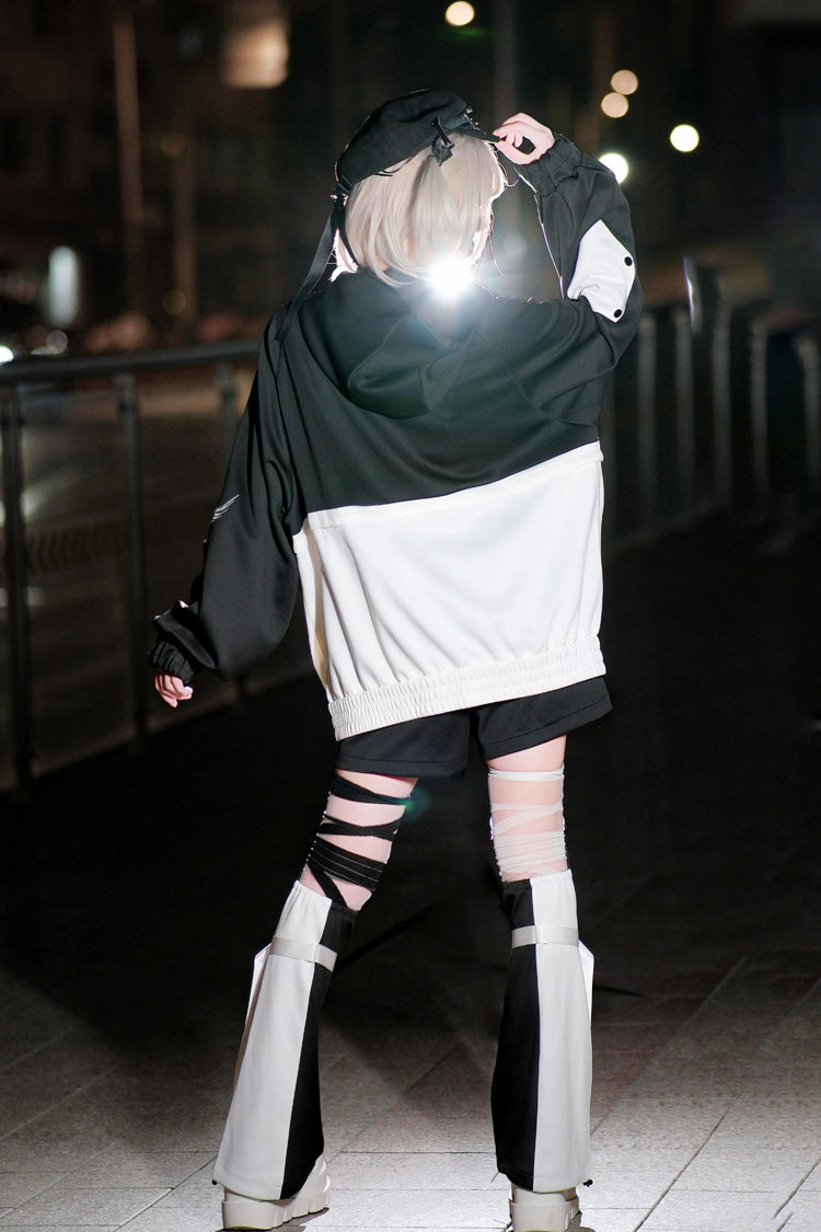 Black/White Zero-Type Transformation Techwear Long Sleeves Embroidered Hooded Punk Jirai Kei Shorts Coat Set