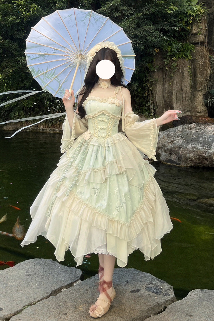 Green Tea Bamboo Song Sleeveless Jacquard Ruffle Bow Lace Chinese Ballet Jsk Dress